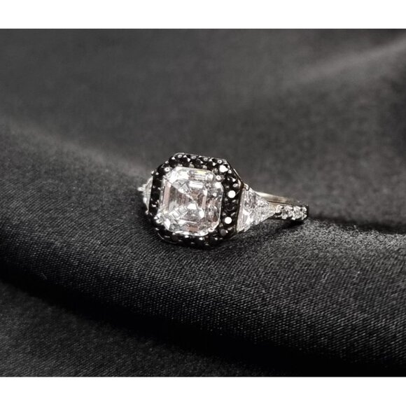 Asscher Cut CZ Ring With Black & White Accents 925 Sterling Silver Size 5.5 - Picture 3 of 4